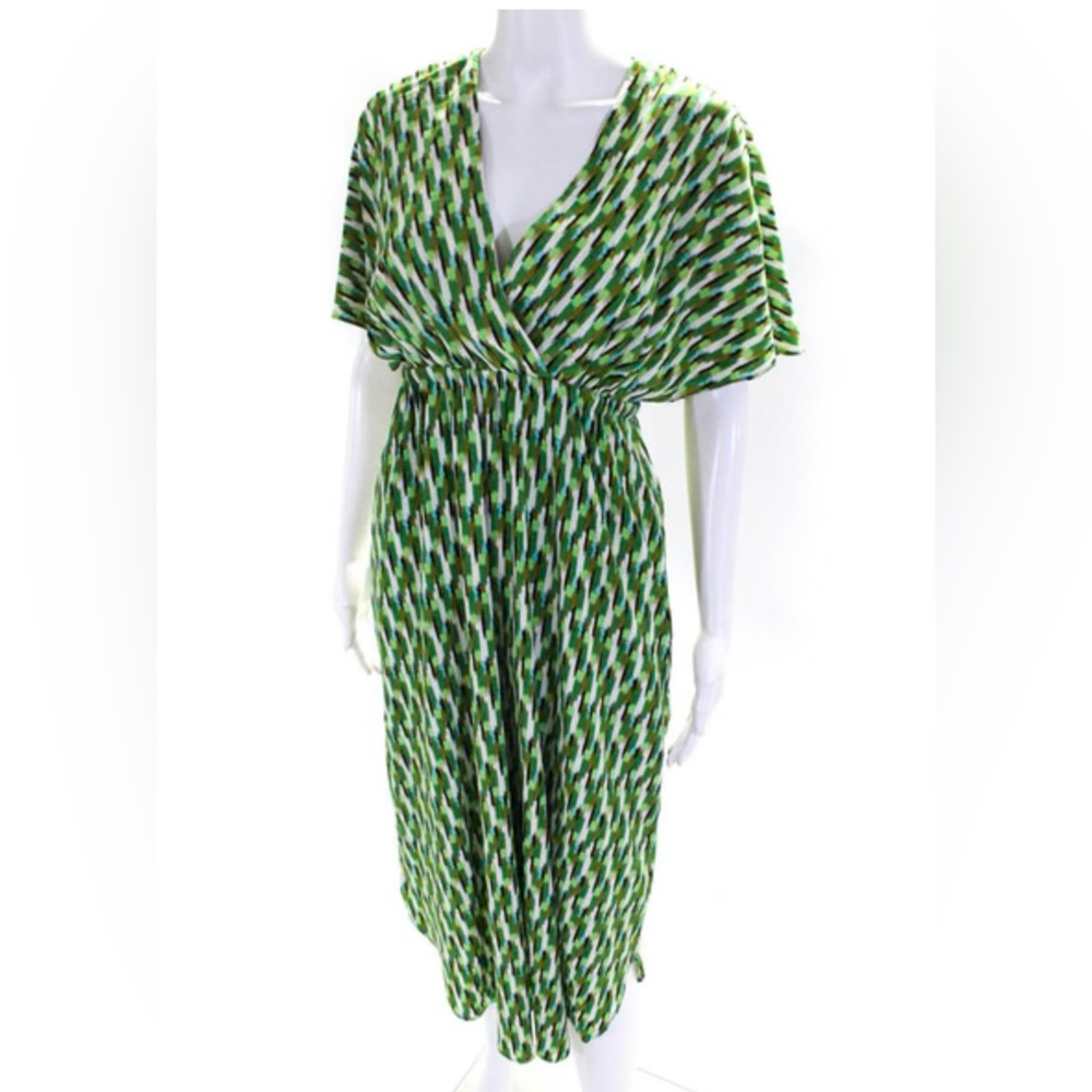 Maggy London Women's Printed Short Sleeve V Neck Midi Dress Green